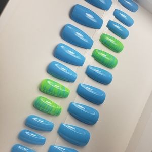 Custom Gel Press on Nails Handmade 20pc set light blue neon yellow marble